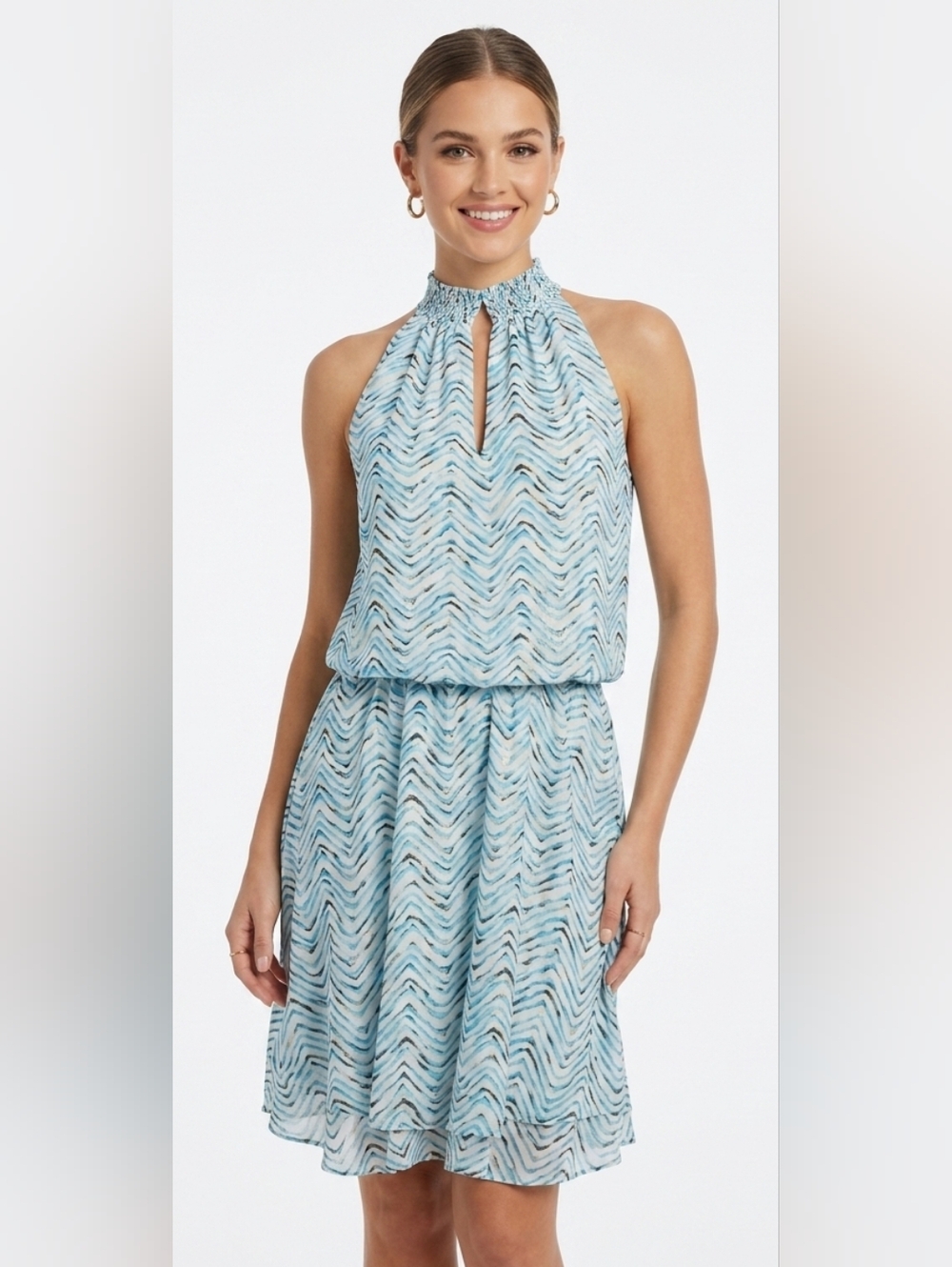 White House Black Market Blue Chevron Halter Dress Size M